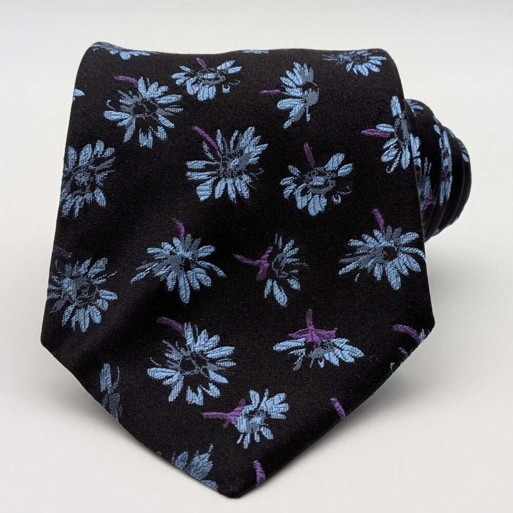 Serica 100% Italian Silk Tie Floral Pattern Black / Blue / Purple
